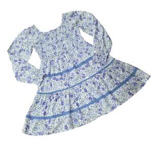 Japna Floral Blue and White Tiered A Line Dress Round Neckline Smocking Large